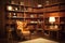 Retro library with wooden book shelf vintage interior