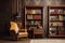 Retro library with wooden book shelf vintage interior