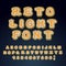 Retro Light font. Glowing letters. Alphabet with lamps. ABC pointer with glow bulb. Vintage Glittering lights lettering