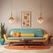 Retro Living Room: Colorful Couches And Pastel Paintings