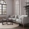 Retro living room with curtains, fabric sofa and rattan carpet in dark and beige tones. Parquet floor and arched window. Farmhouse