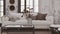 Retro living room in white and dark tones closeup. Sofa, rattan table with autumn decors. Boho chic design, fall interior concept