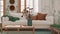 Retro living room in white and green tones closeup. Sofa, rattan table with autumn decors. Boho chic design, fall interior concept