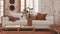 Retro living room in white and orange tones closeup. Sofa, rattan table with autumn decors. Boho chic design, fall interior