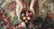 A retro mid body shot of a little barefoot girl in dress holding a wicker basket full of colorful Easter eggs in nature, created