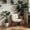 Retro mid century cushion armchair, vinyl record player on wooden storage cabinet, monstera plant in sunlight on white gray wall,