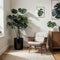 Retro mid century cushion armchair, vinyl record player on wooden storage cabinet, monstera plant in sunlight on white gray wall,