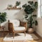 Retro mid century cushion armchair, vinyl record player on wooden storage cabinet, monstera plant in sunlight on white gray wall,