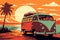 Retro minibus on the beach at sunset - travel concept