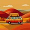 Retro minivan with luggage on its roof standing on the road among rolling hills in autumn landscape. AI-generated