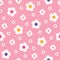 Retro Mod Style Simple Cream Daisy Flowers on Pink Background Vector Seamless Pattern. Clean Abstract Floral Print