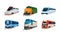 Retro and modern train locomotives set. Freight and passenger rail transport, subway transportation flat vector