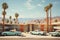 Retro motel exterior with parked vintage cars of travelers. Generative AI