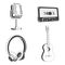 Retro music equipment Icons. Set include classical acoustic guitar, headphones, microphone, classical audio cassette