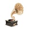 Retro music machine gramophone with vinyl record & a copper horn, old technology, antique object