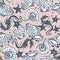 Retro navy and pink seahorse, starfish and seashell seamless pattern background