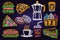 Retro neon burger, cola, croissant, coffee and fast food sign on brick wall background. Design for cafe, restaurant