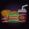 Retro neon burger, cola and french fries sign on brick wall background. Vector.