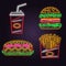 Retro neon burger, cola, hot dog and french fries sign on brick wall background. Design for cafe. Vector. Neon design