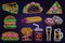 Retro neon burger, cola, popcorn, french fries and fast food sign on brick wall background. Design for cafe Vector. Neon