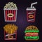 Retro neon burger, cola, popcorn and french fries sign on brick wall background. Design for cafe. Vector. Neon design