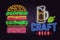 Retro neon burger and craft beer sign on brick wall background. Design for cafe, hotel,restaurant or motel.