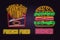 Retro neon burger and french fries sign on brick wall background. Design for cafe, restaurant.