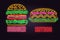 Retro neon burger and hotdog sign on brick wall background. Design for fast food cafe.