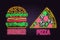 Retro neon burger and pizza sign on brick wall background. Design for fast food cafe.