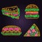 Retro neon burger, sandwich, hot dog and pizza sign on brick wall background. Design for cafe, restaurant. Vector. Neon