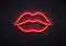 Retro neon lips sign. Romantic kiss, kissing couple lip bar red neons lamps and valentine romance club vector