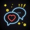 Retro neon message sign. Bright speech bubble with heart. Light conversation chat dialog. Valentine`s day symbol