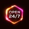 Retro neon sign Open 24 7. 3d light hexagon frame.