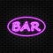 Retro neon sign with the word bar. Vintage electric symbol. Burning a pointer to a black wall in a club, bar or cafe