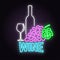 Retro neon wine sign on brick wall background.