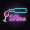 Retro neon wine sign on brick wall background.