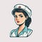 Retro Nurse sticker , young female doctor. Coloring page and colorful clipart character.