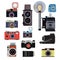 Retro old cameras and symbols for photographers. Vector flat pictures