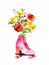 Retro old fashioned roller skates with floral bouquet of meadow flowers. Watercolor illustration in trendy 80s disco