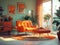 Retro orange velvet armchair and ottoman in a bright living room with green walls and plants