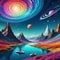 A retro outer space with colorful swirling and futuristic taking viewers on an intergalactic adventure filled with