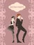 Retro party card, man and woman dressed in 1920s style dancing, flapper girls handsome guy in vintage suit, twenties, vector