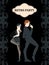 Retro party card, man and woman dressed in 1920s style dancing, flapper girls handsome guy in vintage suit, twenties, vector