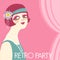 Retro party invitation design template. Vintage flapper girl in 1920s style fashion dress. Vector retro woman with dark hair and
