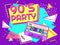 Retro party poster. Nineties music, vintage tape cassette banner and 90s style vector background illustration