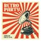 Retro party poster template with old gramophone. Vector vintage illustration.