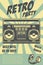 Retro party. Poster template with retro style boombox. Design element for banner, sign, flyer.