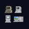 Retro personal computers with terminal console commands on the screen, computer case and keyboard vintage vector