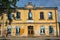 Retro photos in windows of a building in Stalowa Wola, Poland