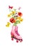 Retro pink rollers skate with flowers, butterflies. Watercolor trend illustration in female, girly style
